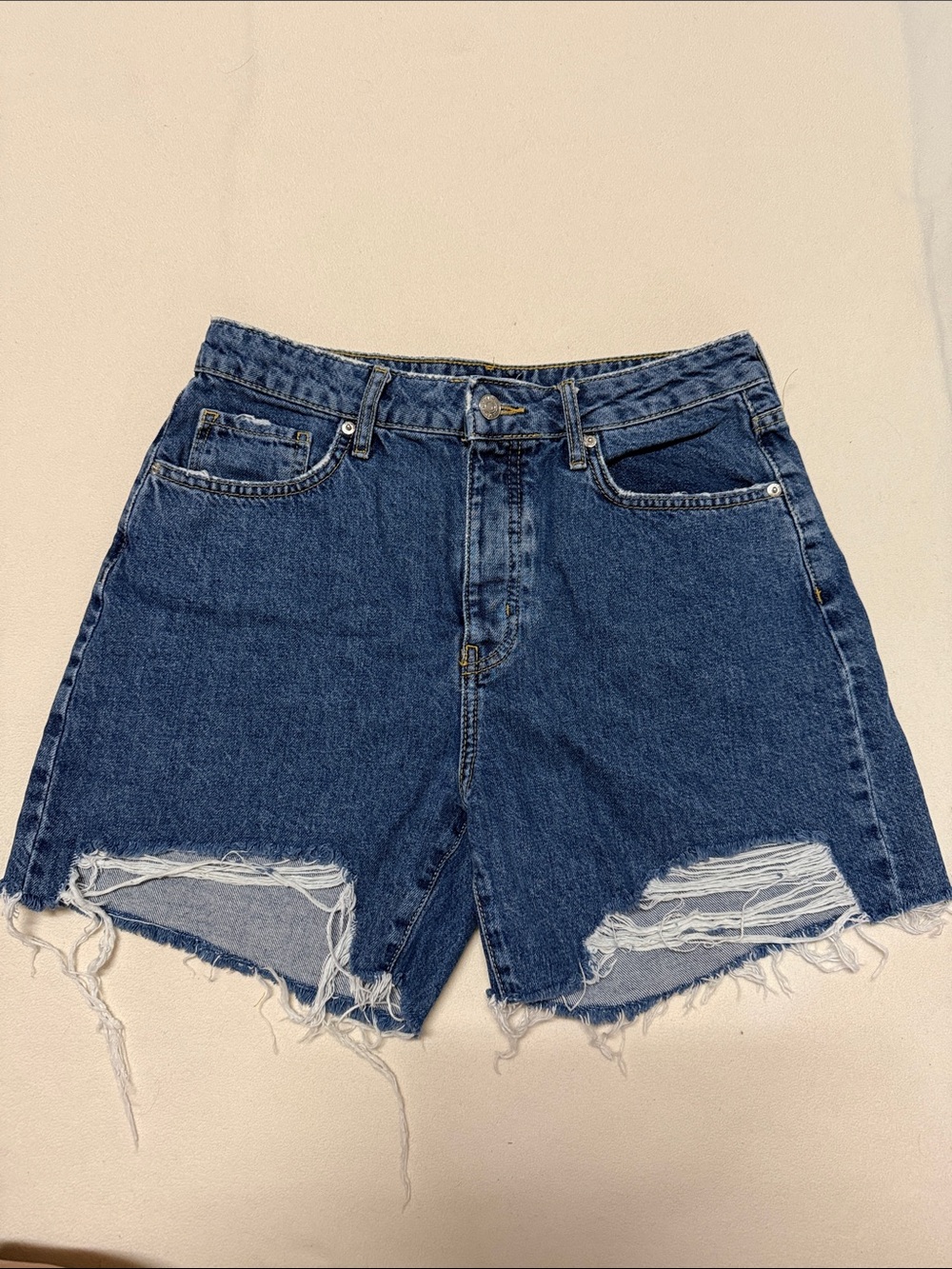 Forever 21 Classic Women's High-Rise Distressed Denim Shorts - Dark Blue